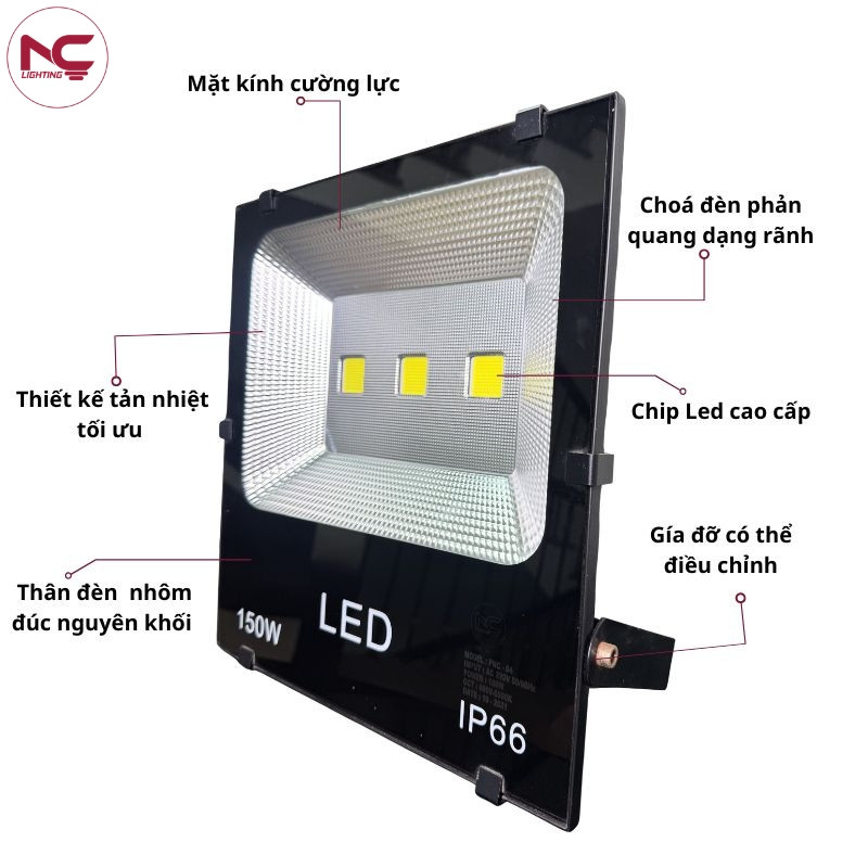 Cấu tạo thực tế đèn pha LED PNC04 gồm chip LED, thân nhôm và mặt kính