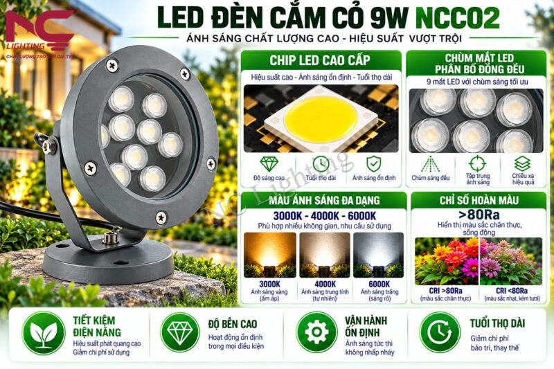 Đặc điểm nổi bật của đèn LED cắm cỏ 9W NCC02