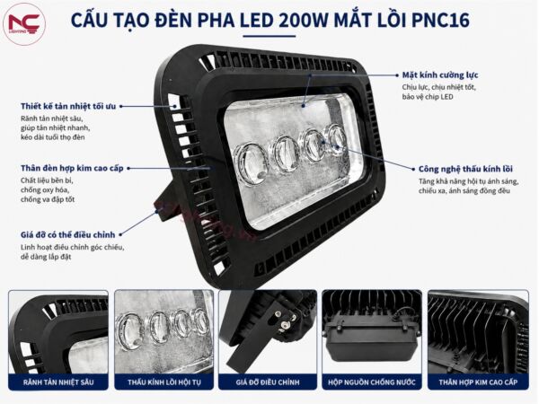 pnc16 có cấu tạo chắc chắn với thân đèn hợp kim nhôm cao cấp, mặt kính cường lực...