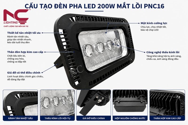 Cấu tạo đèn pha LED 200W mắt lồi PNC16