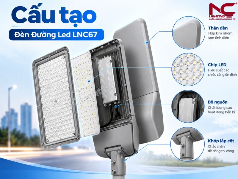 Cấu tạo chi tiết của LNC67 với các bộ phận thân đèn, chip led, bộ nguồn và khớp lắp cột