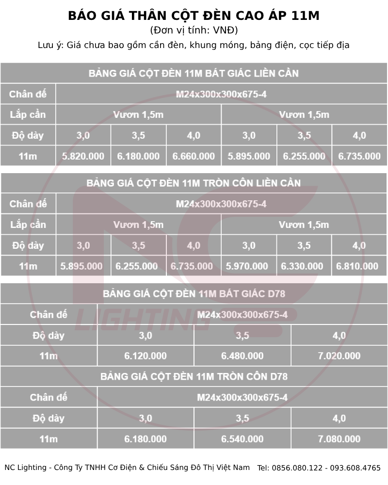 bảng giá cột đèn cao áp 11m