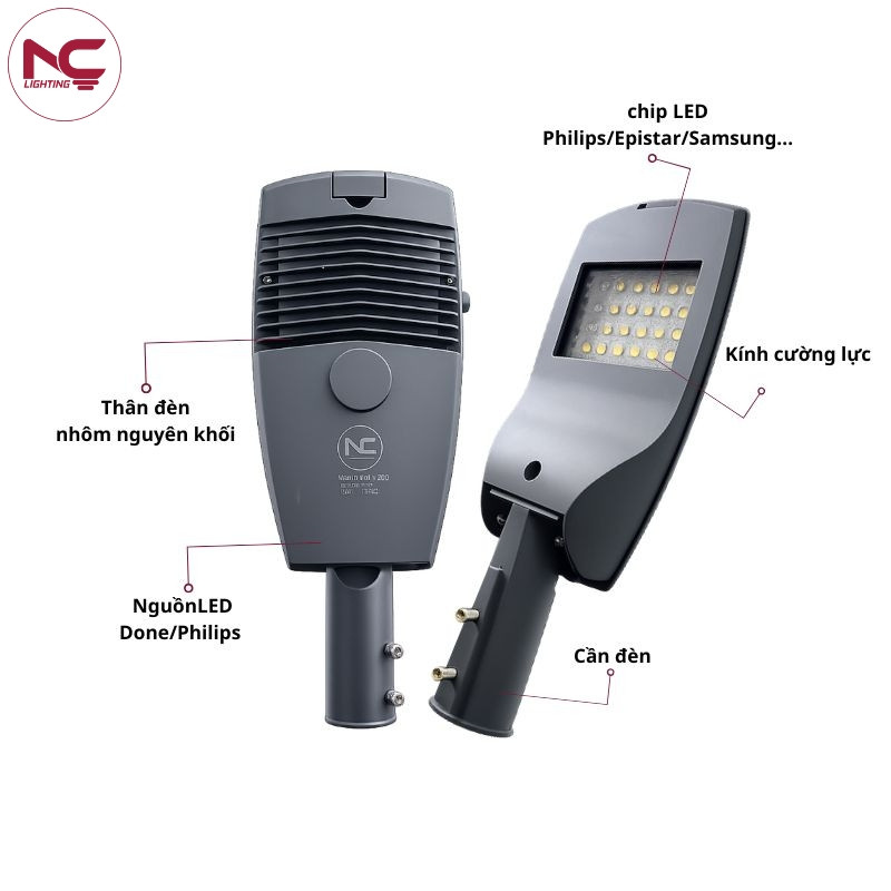 Cấu tạo đèn đường led LNC-130 gồm thân đèn, mặt kính...