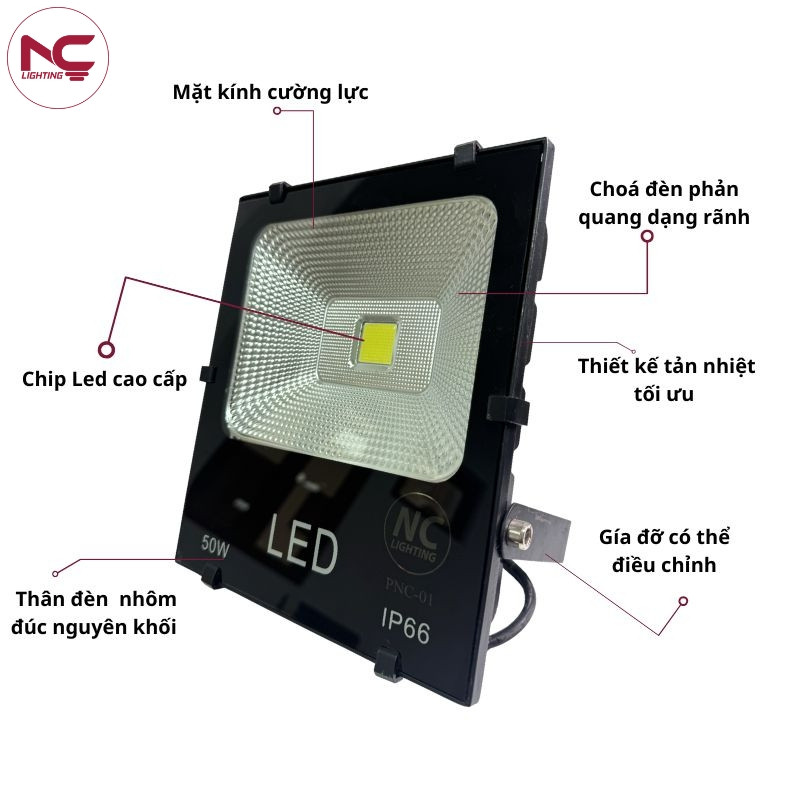 Cấu tạo đèn pha led PNC01 gồm kính, chip...