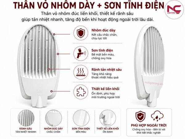 lnc-35 có phần thân vỏ nhôm dày, sơn tĩnh điện, rãnh tản nhiệt sâu