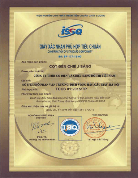 Giấy xác nhận phù hợp tiêu chuẩn côt đèn chiếu sáng