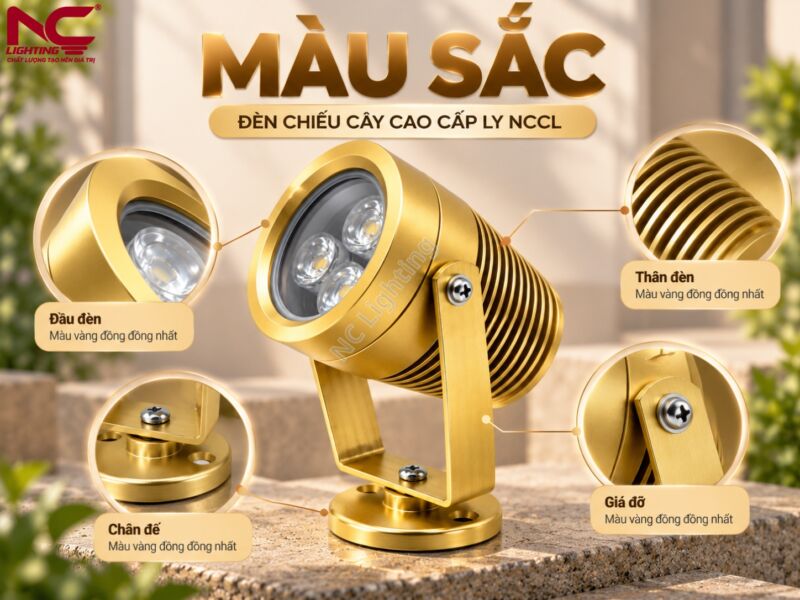 NCCL có tông màu vàng đồng nhất từ đầu đèn đến thân và giá đỡ