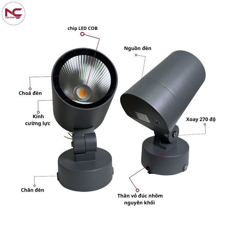 Cấu tạo đèn Chiếu Cây Nhôm Đúc Cao Cấp NCCND gồm chip led, nguồn đèn, thân nhôm đúc...