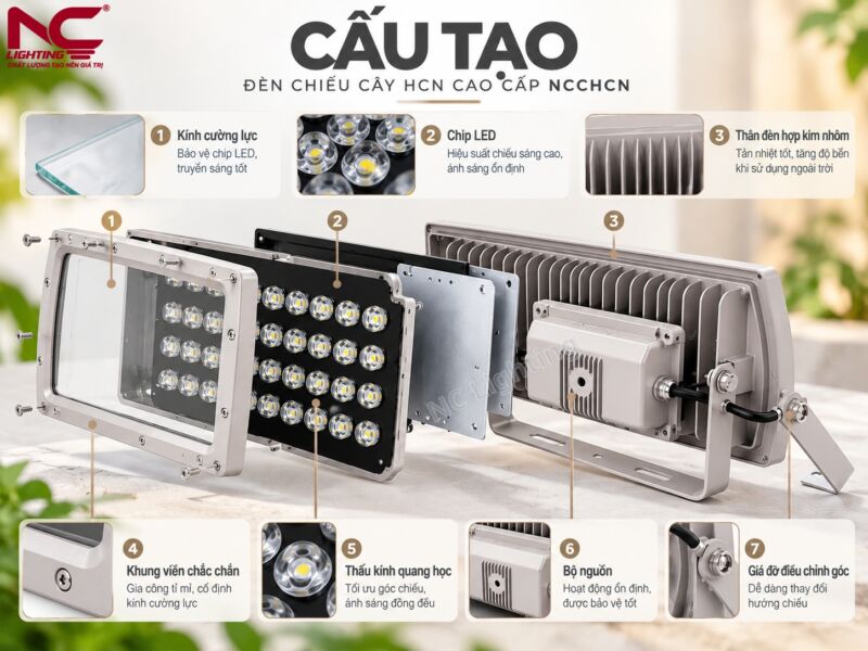 NCCHCN có cấu tạo gồm kính cường lực, chip led, thân đèn hợp kim nhôm...