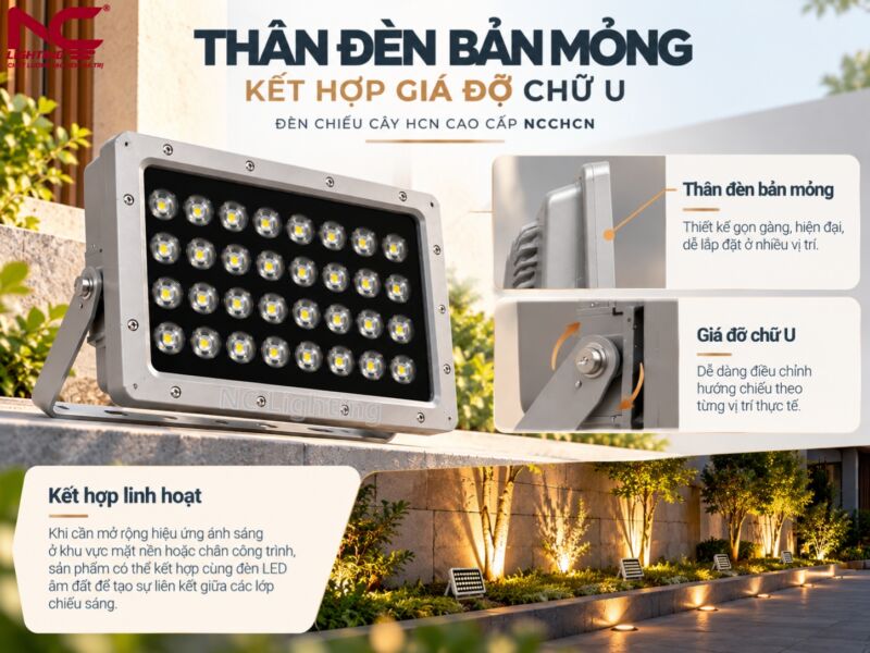 NCCHCN có thân đèn bản mỏng kết hợp giá đỡ chữ U