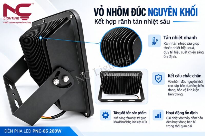 Vỏ nhôm đúc chắc chắn, tản nhiệt hiệu quả
