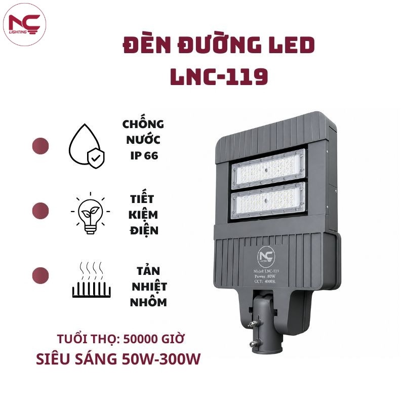 LNC-119 có nhiều đặc tính nổi bật như IP66, tiết kiệm điện, tản nhiệt nhôm