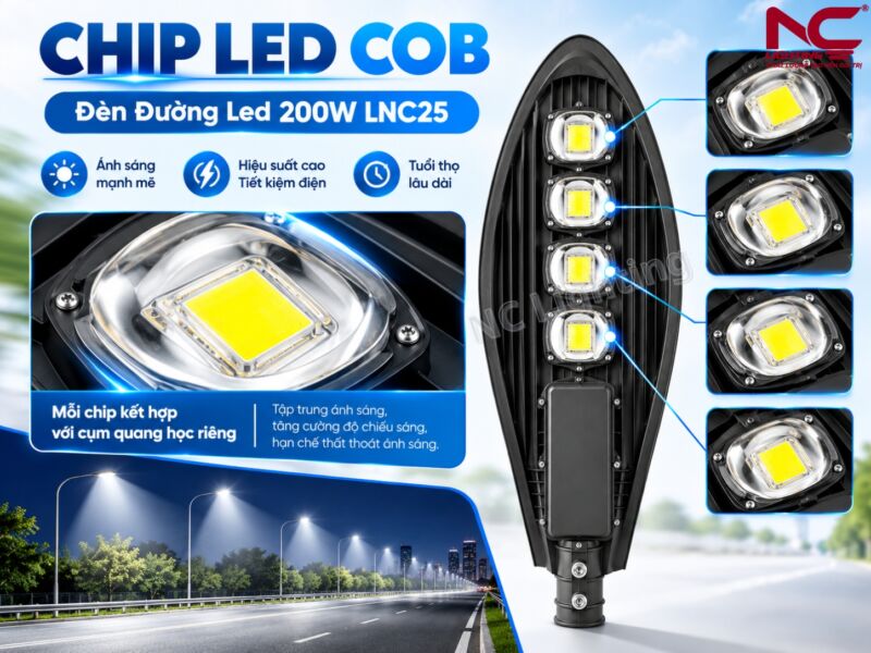 LNC-25 bố trí 4 chip led cob theo hành dọc ở trung tâm đèn