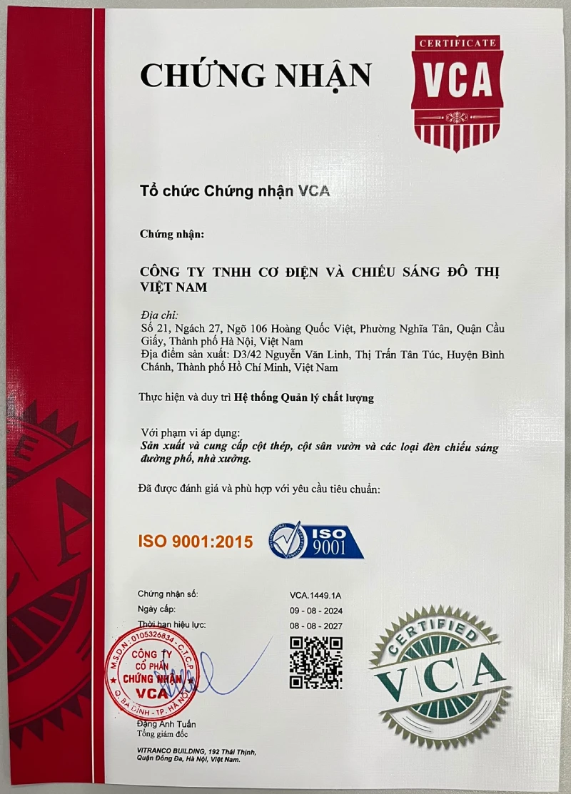 giấy chứng nhận tiêu chuẩn ISO 9001:2015 của tổ chức VCA cấp cho NC Lighting