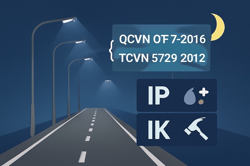 Tiêu Chuẩn Kỹ Thuật Liên Quan Đến Chiếu Sáng Đường Cao Tốc
Tiêu Chuẩn Việt Nam QCVN 07-7:2016 và TCVN 5729:2012  Các tiêu chuẩn về chiếu sáng đường cao tốc tại Việt Nam được quy định trong QCVN 07-7:2016 và TCVN 5729:2012. Các tiêu chuẩn này xác định rõ mức độ chiếu sáng cần thiết, độ đồng đều ánh sáng và các yếu tố kỹ thuật khác để đảm bảo hiệu quả chiếu sáng cho các tuyến đường cao tốc.  Các Quy Định Về Cường Độ Ánh Sáng và Độ Đồng Đều  Các quy định này yêu cầu cường độ ánh sáng và độ đồng đều ánh sáng trên đường cao tốc phải đáp ứng các mức tối thiểu để đảm bảo an toàn cho người tham gia giao thông vào ban đêm. Điều này cũng giúp hạn chế tình trạng mất tầm nhìn và giảm thiểu tai nạn.  Yêu Cầu Về Bảo Vệ Thiết Bị Chiếu Sáng (IP, IK)  Để bảo vệ thiết bị chiếu sáng khỏi tác động của thời tiết và các yếu tố bên ngoài, yêu cầu bảo vệ thiết bị đạt tiêu chuẩn IP (chống nước, bụi) và IK (chống va đập). Điều này giúp đảm bảo độ bền và hiệu quả của hệ thống chiếu sáng trong thời gian dài