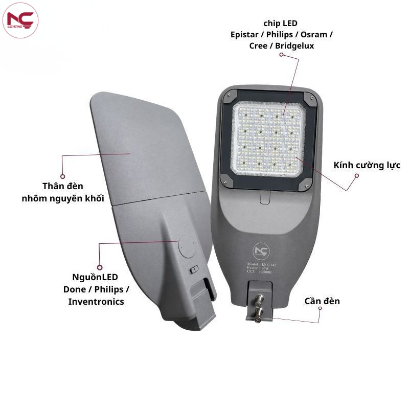 Cấu tạo đèn Đèn LED chiếu sáng đường phố LNC-141 gồm kính cường lực, chip led và thân đèn...