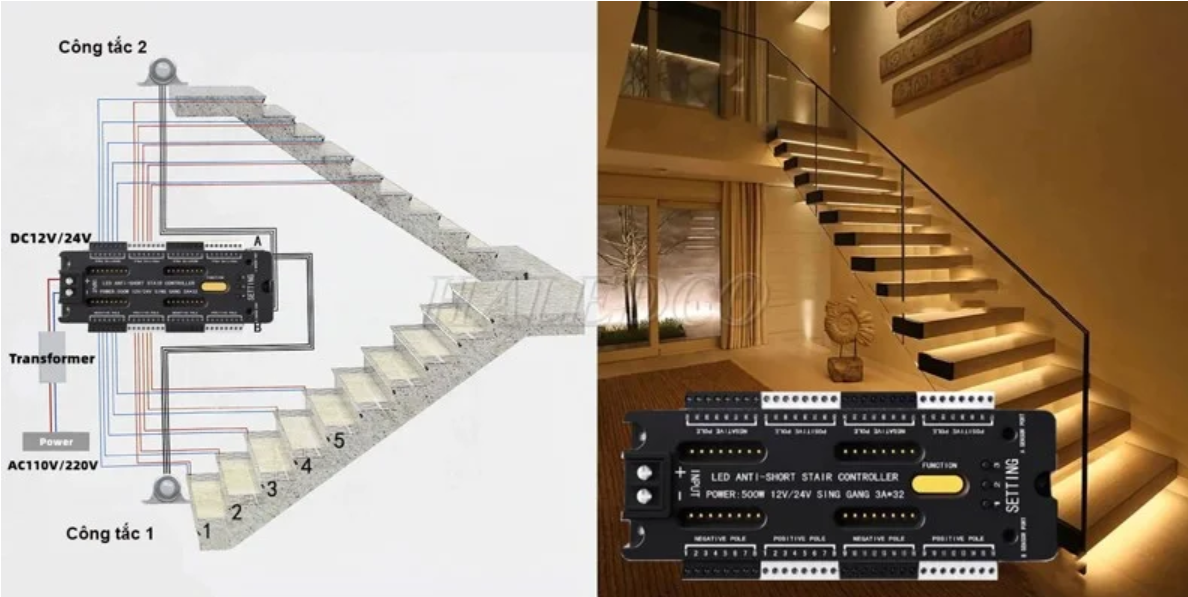 Sơ đồ đấu nối mạch đèn LED cầu thang thông minh và hiệu ứng thực tế