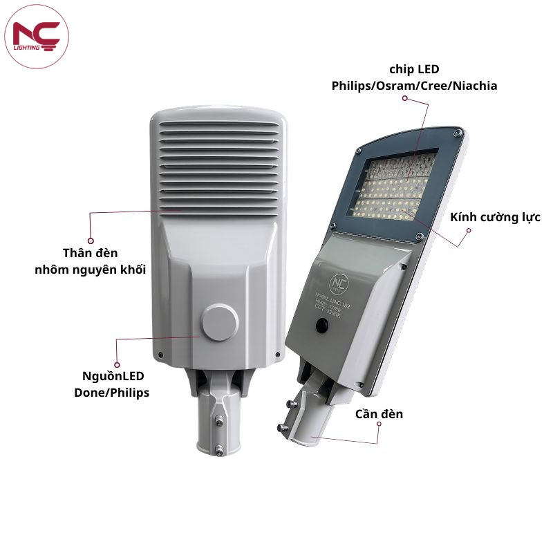 Cấu tạo đèn đường led LNC-142 gồm mặt kính, kính cường lực và thân đèn....
