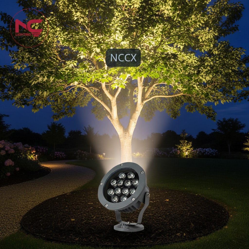 Đèn chiếu cây Xám NCCX rọi sáng một cây lớn trong không gian sân vườn biệt thự về đêm, làm nổi bật tán lá và thân cây