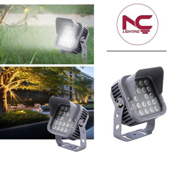 Đèn chiếu cây Vuông Mũ NCCVM với thiết kế có mũ che, thể hiện khả năng chống chói và chiếu sáng hiệu quả cho cây cảnh trong sân vườn. Ảnh ghép minh họa đèn ở nhiều góc độ và ứng dụng thực tế