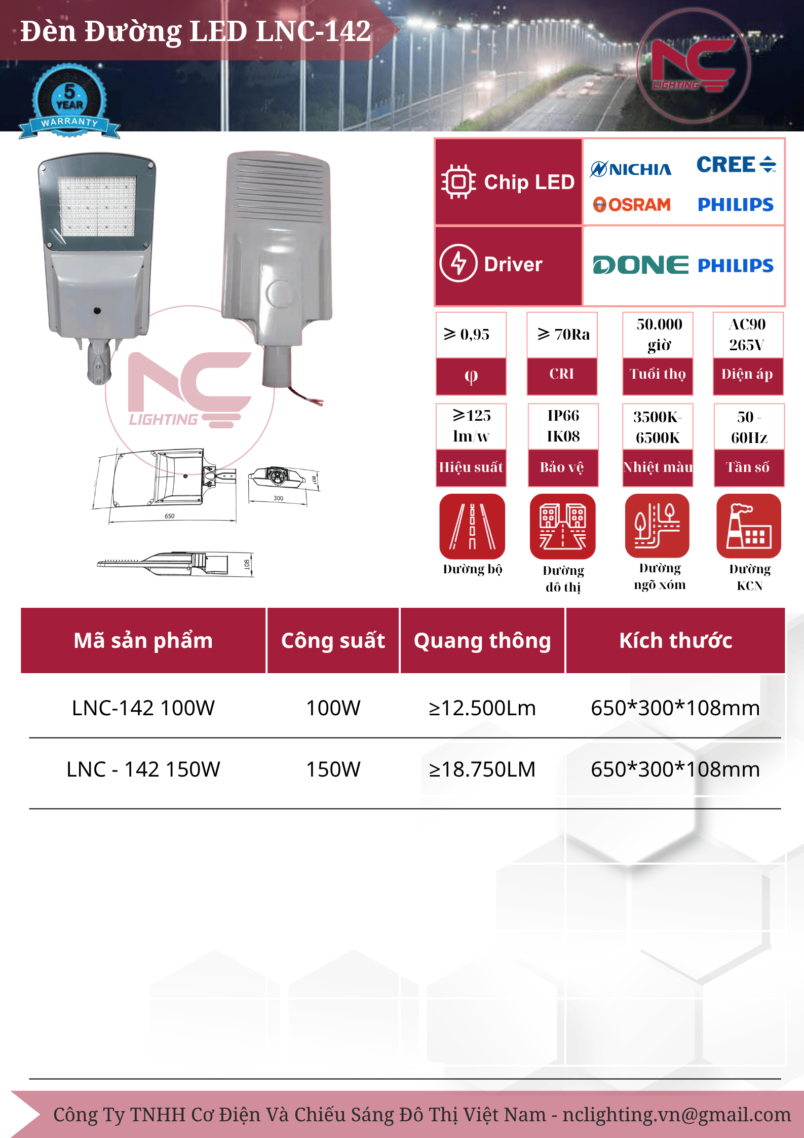 Đèn LED Đường Phố LNC-142 catalogue thông số kỹ thuật 100W 150W