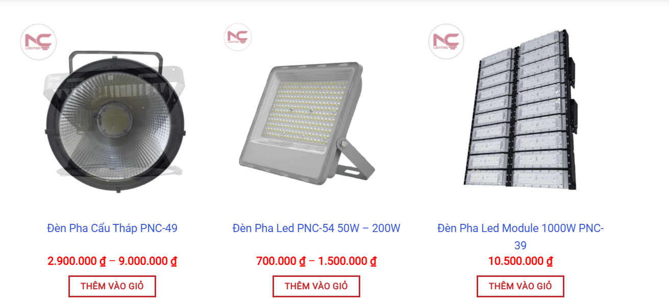 Hình ảnh các loại đèn chuyên dụng (Floodlight) dùng để lắp đặt hệ thống đèn sân pickleball, bao gồm các công suất và mẫu mã khác nhau