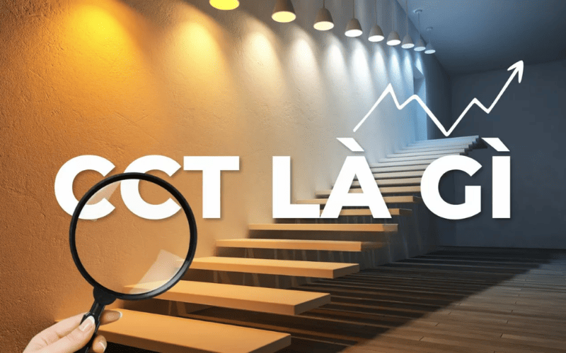 Hình ảnh minh họa khái niệm CCT là gì, với dòng chữ CCT LÀ GÌ in lớn, một chiếc kính lúp đang soi, và cầu thang bằng gỗ dẫn lên trên với đồ thị tăng trưởng màu trắng