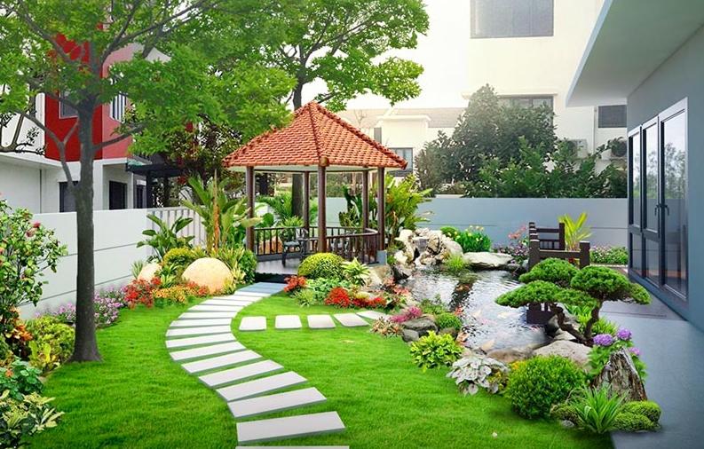 Trang trí sân vườn biệt thự với chòi nghỉ, hồ cá và lối đi đá giữa thảm cỏ xanh mát