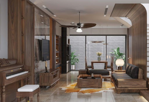 Cách bố trí phòng khách khu vực sofa bằng đèn âm trần kết hợp đèn để bàn