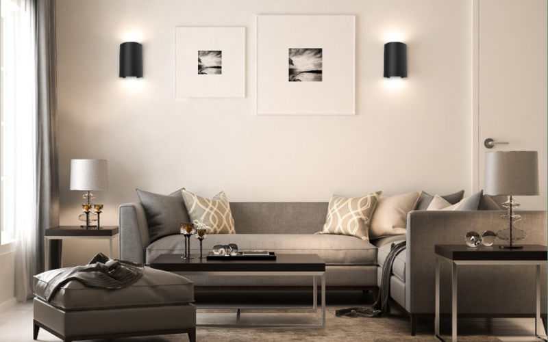 Chỗ sofa thư giãn ở phòng khách sử dụng đèn treo tường kết hợp với đèn trang trí