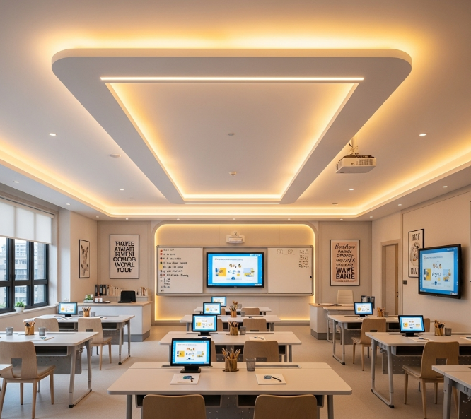 đèn lớp học dạng thanh bố trí theo hàng giúp ánh sáng đều trong lớp