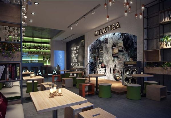 Sử dụng đèn quán trà sữa loại thả cho khu vực bàn ngồi