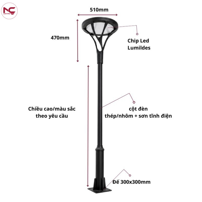 Trụ đèn trang trí sân vườn tán tròn DN30 có cấu tạo chắc chắn