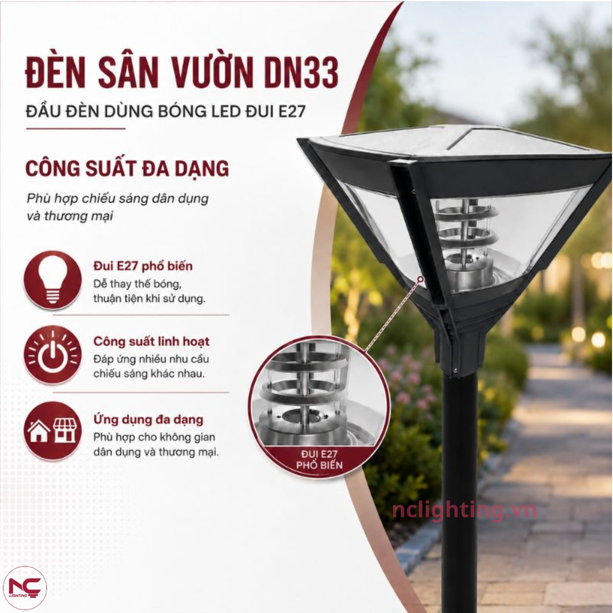 DN33 sử dụng đui đèn E27