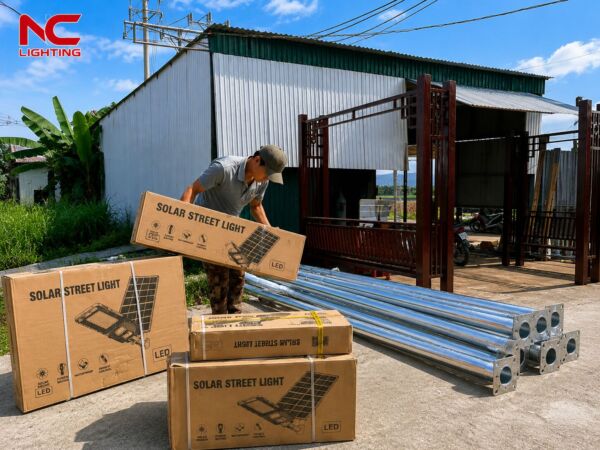 Nhân viên vận chuyển đèn năng lượng mặt trời LNC-95 tại dự án Nghi Kiều Nghệ An