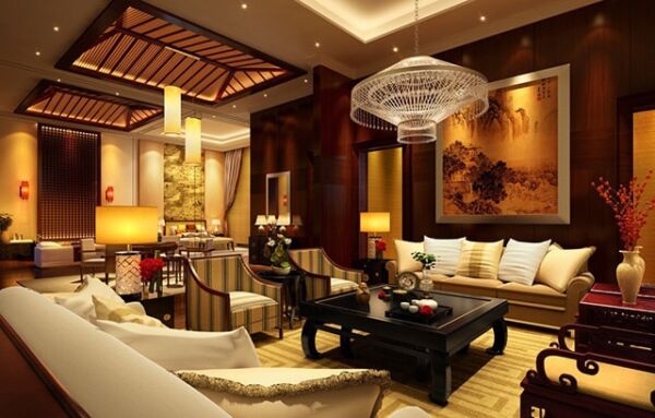ánh sáng tổng thể và ánh sáng nhấn của phòng khách biệt thự tạo nên một phòng khách tân cổ điển sang trọng
