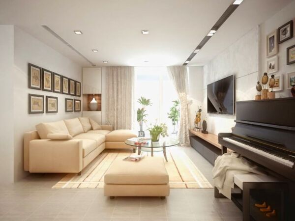 Ánh sáng từ đèn phòng khách chung cư kết hợp với ánh sáng tự nhiên từ bên ngoài
