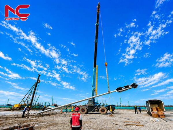 Cần cẩu nâng cột đèn tại công trường KCN Nam Đình Vũ – Hải Phòng.