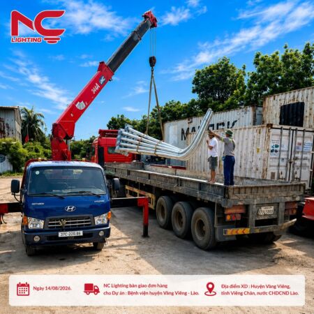 Cẩu bốc xếp cột đèn cho dự án Bệnh viện huyện Vàng Viêng