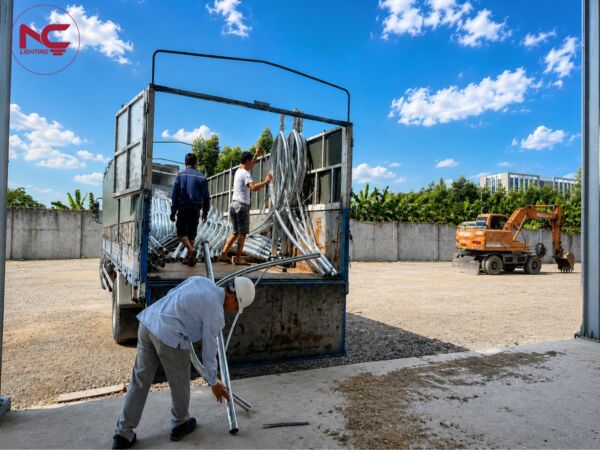 Xe đã vận chuyển cột đèn đến dự án Transeco Bắc Ninh