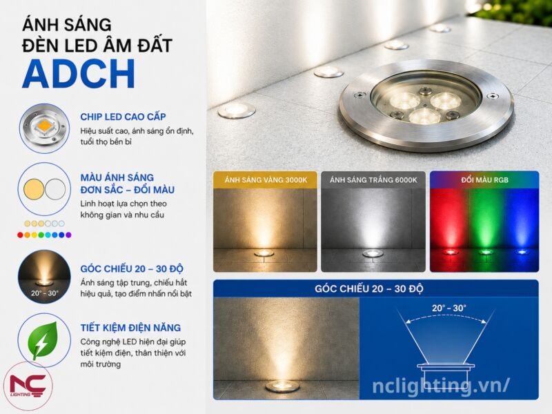ADCH sử dụng chip led cao cấp, màu ánh sáng đơn sắc - đổi màu, góc chiếu 20-30 độ
