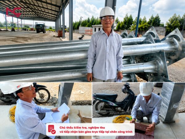 Chủ thầu kiểm tra cột đèn tại công trình Transeco Bắc Ninh