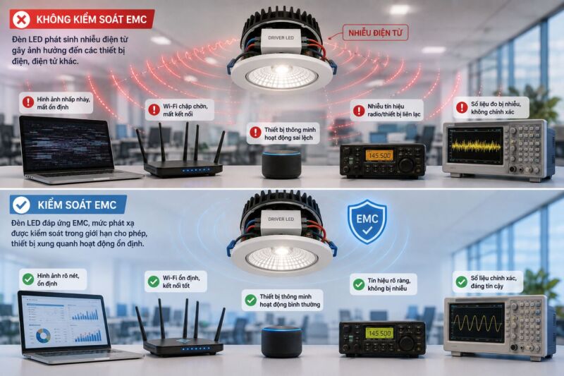 Đèn LED kiểm soát nhiễu điện từ EMC hạn chế ảnh hưởng đến thiết bị điện tử