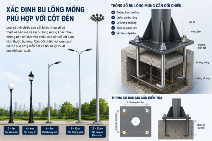 Cách xác định bu lông móng phù hợp với cột đèn