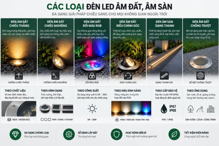 Các loại đèn LED âm đất, âm sàn theo kiểu chiếu và đặc điểm sử dụng