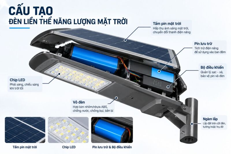 Cấu tạo đèn liền thể năng lượng mặt trời gồm tấm pin, pin lưu trữ, chip LED và bộ điều khiển