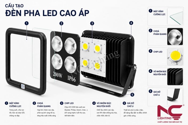Cấu tạo của đèn pha LED ngoài trời