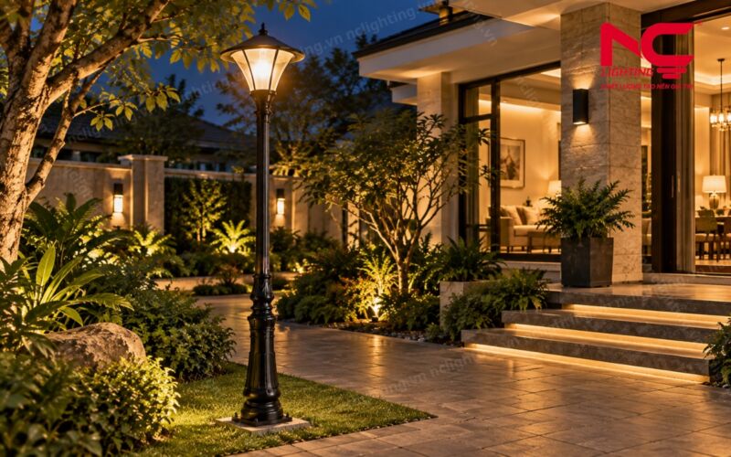 Cột đèn sân vườn ban đêm