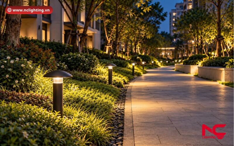 Đèn nấm sân vườn trong dự án cảnh quan ban đêm