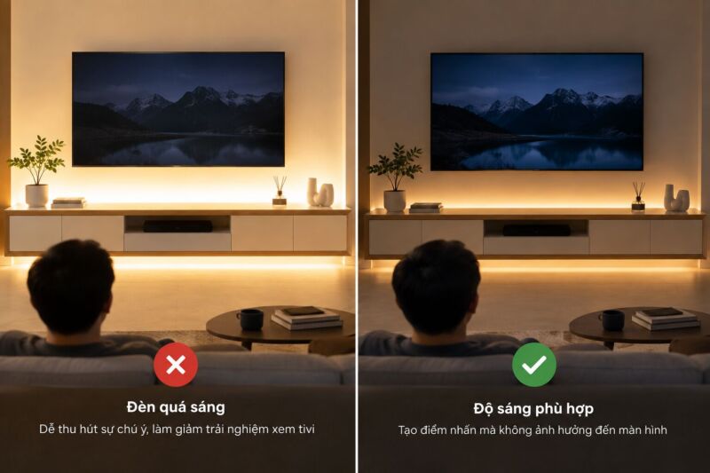 đèn trang trí kệ tivi cần có độ sáng phù hợp